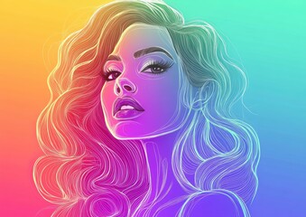 Line art illustration featuring a rainbow gradient depiction of a cartoon woman