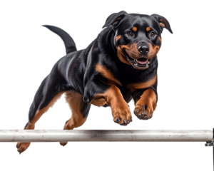 Rottweiler jumping over an obstacle on white background