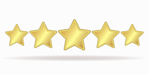 5 gold stars. A design element suitable for indicating a rating. 3 D. Vector illustration.