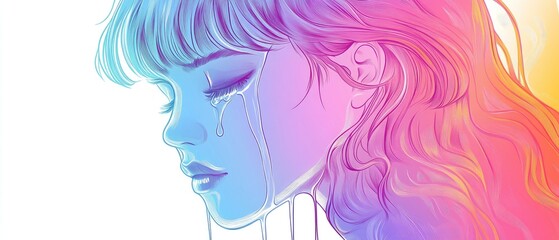 Line art illustration depicting a cartoon girl in tears created with a rainbow gradient