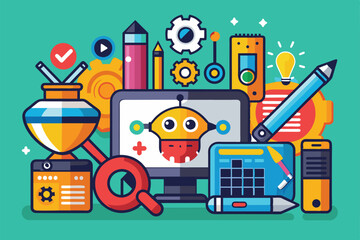 A colorful digital illustration showcases various customizable tools, gears, and a robot in an engaging workspace, highlighting creativity and innovation.