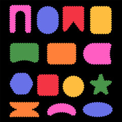 Scallop edge shapes multicolored - circle, square, modern brutalism forms. Retro vawe swiss design elements with frill border.