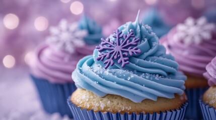cupcakes with blue and purple frosting, topped with snowflake decorations, set against a pastel background