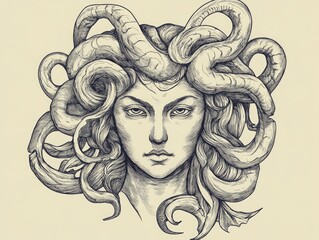 Line art illustration of a mythical medusa head