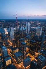 Obraz premium An aerial view of a vibrant urban skyline at dusk, showcasing illuminated skyscrapers against a twilight sky.