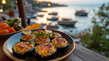Grilled eggplants with cheese served at a seaside restaurant.