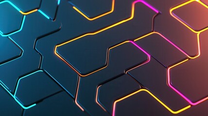A vibrant, abstract close-up of interconnected geometric patterns illuminated by neon colors against a dark background.