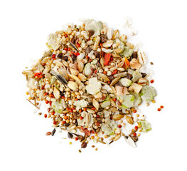 A colorful blend of bird seeds and grains displayed on a white background