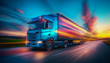 Powerful truck driving at dawn on an empty highway with green fields and a golden sky