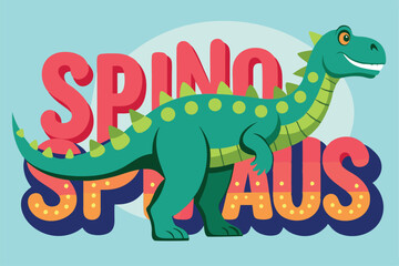 Obraz premium A colorful wordcard showcases Spinosaurus, designed to teach children about dinosaurs in an engaging and fun educational environment.