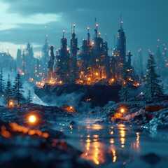 Fototapeta premium Surreal Sci-Fi Illustration of an Industrial World Enclosed in a Cup