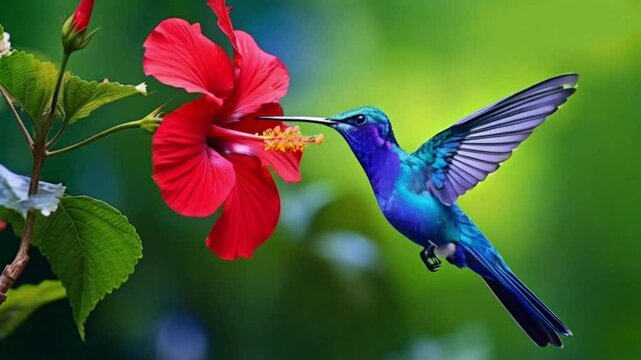 Blue hummingbird Violet Sabrewing flying next to beautiful red flower. Tinny bird fly in jungle. Wildlife in tropic Costa Rica. Two bird sucking nectar from bloom in the forest  Bird High quality HD 4