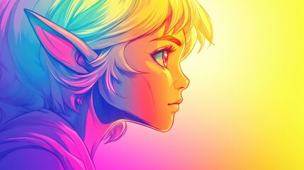 Line art illustration of a colorful gradient depicting a cartoon elf girl with an engaging expression