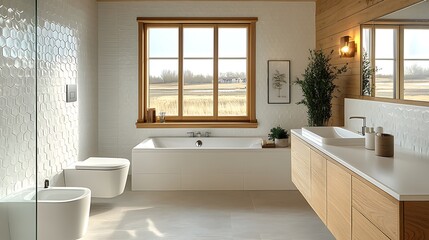 A Scandinavian bathroom with white hexagonal tiles, light wood cabinetry, and large windows allowing natural light to flood the space.