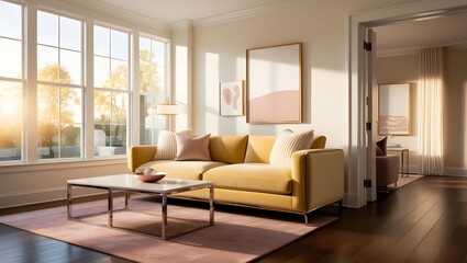 Imagine a warm and inviting modern living room bathed in soft, golden sunlight that pours in through the floor-to-ceiling windows, highlighting the crisp white wall frame above a plush, soft yellow so