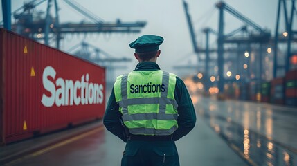 A security officer wearing a "Sanctions" vest stands in a shipping port, overseeing trade enforcement amidst large shipping containers and cranes.
