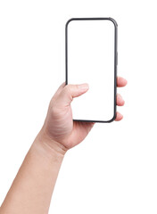 A hand holding a mockup smartphone with empty white screen in isolated white background.