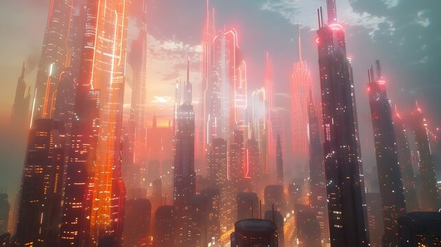 Summer Solstice A Futuristic City Adorned with Vibrant Holographic Displays