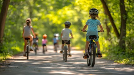 Fototapeta premium A family enjoys a sunny Sunday afternoon riding bicycles together down a scenic, tree-lined path, capturing the joy of an active weekend and quality family time in nature. 