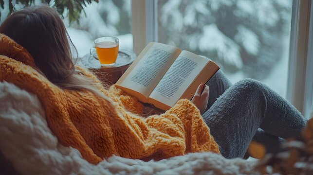 A peaceful scene of a person relaxing in a chair, wrapped in a cozy blanket with a cup of tea, enjoying a book on a quiet Sunday afternoon, embodying the essence of a relaxing weekend.
