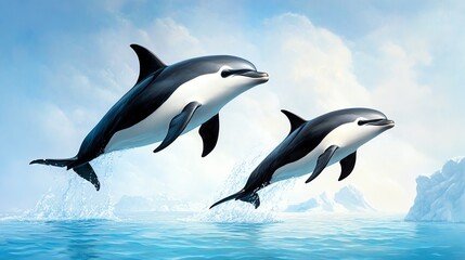 Fototapeta premium A group of Commerson's dolphins, small and agile, darting through icy waters, their black and white bodies contrasting with the cold ocean backdrop.