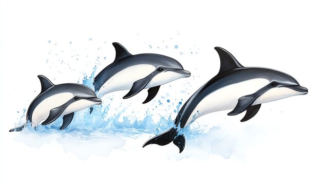A group of Commerson's dolphins, small and agile, darting through icy waters, their black and white bodies contrasting with the cold ocean backdrop.