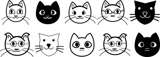 Simple cats face in different style. Cat icons collection. Kittens emoji symbols set. Black and white simple outline cats head emoticon pictures. Vector isolated.Home pet veterinary clinic icon. cat 