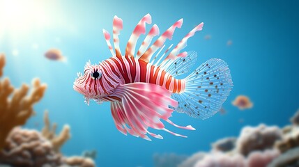 A lionfish floating elegantly through an underwater landscape, its fins like flowing tendrils, surrounded by coral and small marine creatures.