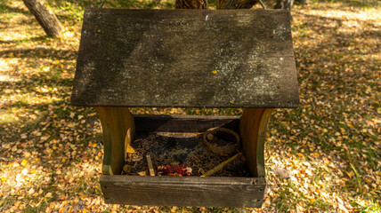 A wooden bird feeder is peacefully resting underneath a tree in the woods
