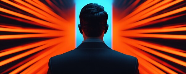 A contemplative figure stands before a vibrant backdrop, symbolizing introspection and the journey ahead.