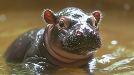 Fototapeta premium A cute young hippopotamus partially submerged in water, showcasing its large eyes and distinguished snout in a natural habitat.