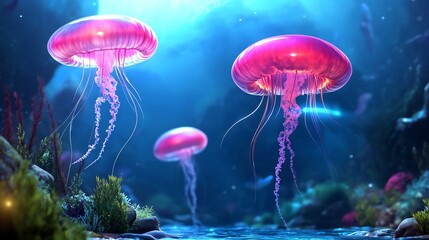 An ocean ecosystem in the twilight zone, with glowing jellyfish, strange deep-sea fish, and a variety of unique marine life living in the near-darkness.