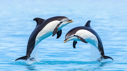Hector's dolphins, the smallest of all dolphin species, playing in shallow coastal waters, their rounded dorsal fins breaking the surface.