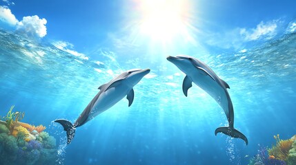 Spinner dolphins leaping playfully out of the ocean, their curved forms creating graceful arcs, surrounded by vibrant marine life.