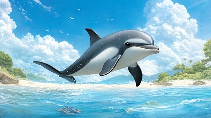 Obraz premium The critically endangered Maui dolphin, small and sleek, swimming near the coastline in shallow waters, surrounded by diverse marine species.
