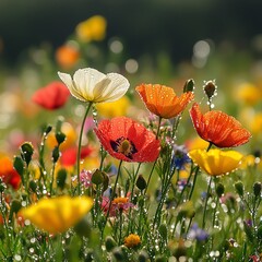 Obraz premium A vibrant field of colorful flowers with dew drops glistening in the morning sun, showcasing nature's beauty and freshness.