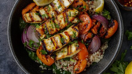 Grilled vegetables and halloumi cheese served with quinoa and drizzled with a fresh lemon dressing, creating a healthy and flavorful barbecue salad.
