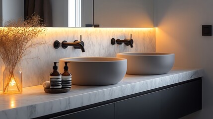 A Scandinavian-inspired bathroom with matte black fixtures, a marble countertop, and minimalist white walls. The soft lighting enhances the clean lines and modern design,