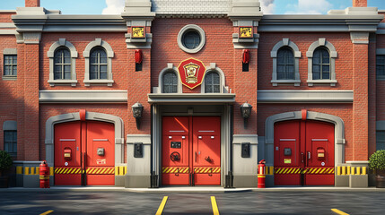A fire station with a bold 3D front featuring firefighter motifs and emblems. 3d firefighter. Illustrations
