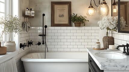 A Scandinavian-inspired bathroom with matte black fixtures, a polished marble countertop, and white subway tiles. The minimalist design features soft lighting and natural textures,