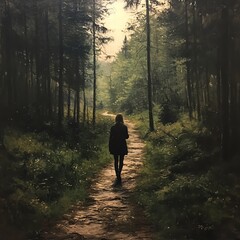 Fototapeta premium A serene pathway through a lush forest with a silhouette of a person walking, evoking a sense of tranquility and adventure.