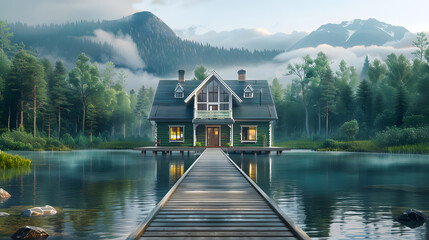 Fototapeta premium Beautiful lake house with dock shows a large wooden deck leading up to the front of a green colored craftsman style home with white trimmed windows