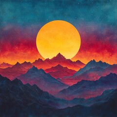 Fototapeta premium A mesmerizing sunset over majestic mountains, blending vibrant colors of orange, red, and blue for a stunning visual experience.