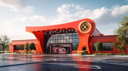 A fire station with a bold 3D front featuring firefighter motifs and emblems. 3d firefighter. Illustrations
