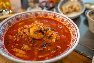 Chinese-style Korean seafood spicy noodle red soup Jjamppong
