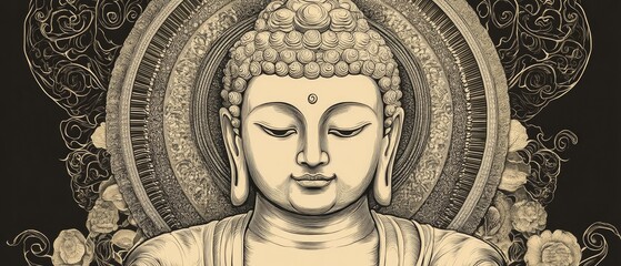 Line art illustration of a Buddha statue showcasing intricate details and artistic design