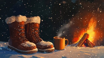 Cozy Winter Campfire and Snow-Covered Boots