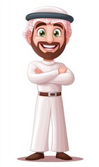 Illustration Cartoon Smiling Middle Eastern Businessman with Keffiyeh in White Background