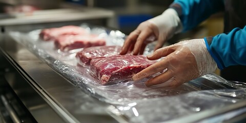 The hands of a meat factory worker pack the meat into the plastic foil on the machine 