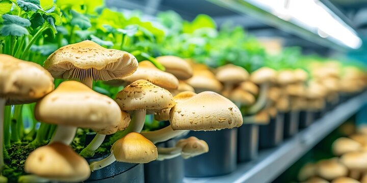 Sustainable solutions for urban agriculture. The impact of vertical farming and hydroponic technology. Organic mushrooms growing on modern mushroom farm with smart technologies. high - tech greenhouse